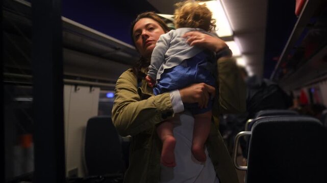 Mother carrying toddler through passenger train aisle before disembarking, expressing parental care, family travel and secure attachment during everyday rail transportation
