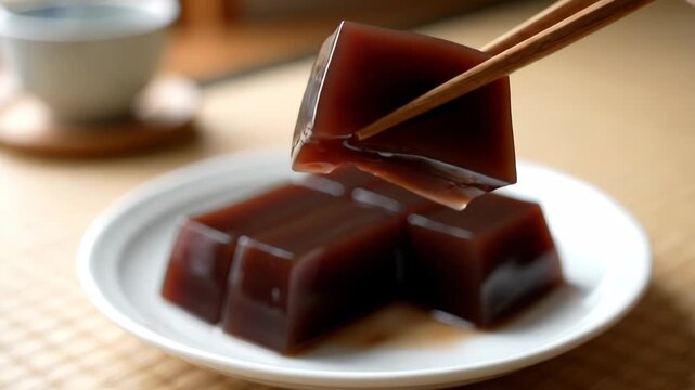 Chopsticks pick up dark food from the plate, chopsticks pick up brown sugar cake close-up