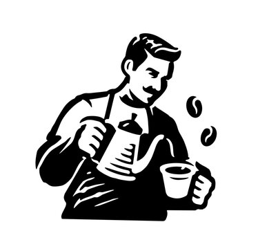 barista pouring coffee into cup mascot black and white illustration