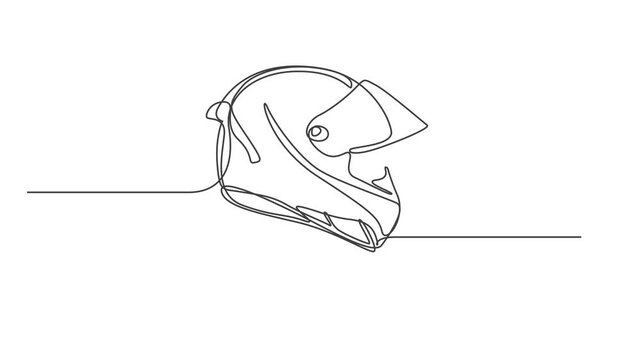 Continuous One Line Drawing of Motorcycle Sport Helmet Animation ,Black Stroke Linear Safety Icon Motion Graphic
