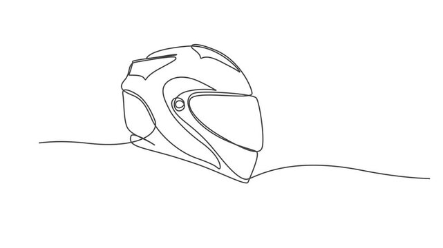 Continuous One Line Drawing of Motorcycle Sport Helmet Animation ,Black Stroke Linear Safety Icon Motion Graphic