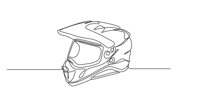 Continuous One Line Drawing of Motorcycle Sport Helmet Animation ,Black Stroke Linear Safety Icon Motion Graphic