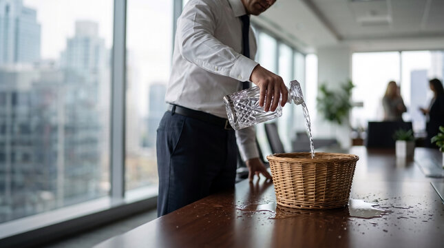 Businessman pouring water into a wicker basket leaking on the table, representing financial waste and inefficient business strategies.