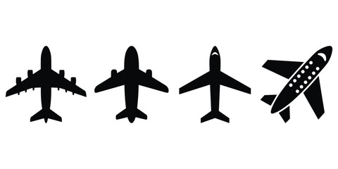 Collection of black silhouettes representing commercial airplanes flying for aviation travel themes © Shamsun