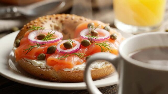 Steaming Coffee and Bagel with Lox and Cream Cheese Breakfast