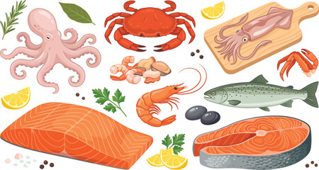 Seafood illustration set featuring octopus crab squid shrimp mussels fish salmon cuts and garnishes © MdFaruk