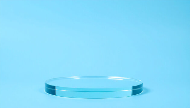 Empty crystal-clear glass podium against solid light blue background for a minimalist product presentation. Mock-up. Close-up.