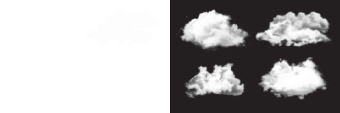 White fluffy clouds, cloud shapes, isolated on black, weather icons, set of 4