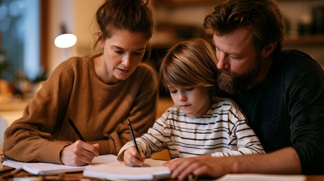 A peaceful moment of a parent helping a child with homework at home during the calm glowing evening