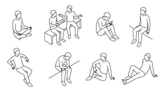 Isometric sitting people outline vector icon set for architectural rendering and CAD design