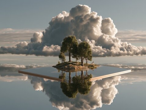 Floating island made entirely of mirrors, surreal reflection concept, cinematic sky lighting, ultra realistic fantasy art style.