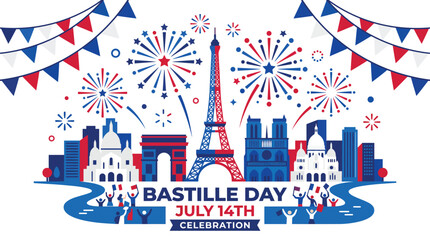 Obraz premium Vector illustration celebrating Bastille Day in Paris featuring the iconic Eiffel Tower and famous landmarks under a bright display of colorful fireworks in red white and blue graphic style.