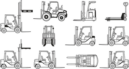 Forklift Icon Vector Illustration Featuring Pallet Truck, Operator Cabin, Open Frame, Side View, Front, Top Perspective © Abdur