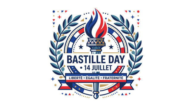 Elegant vector graphic illustration celebrating Bastille Day featuring a central torch with red white and blue flames surrounded by laurel leaves and traditional French national motto text on a banner