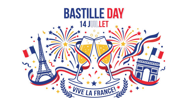 Bastille day vector graphic illustration featuring elegant champagne glasses clinking together with vibrant fireworks and iconic french landmarks like the eiffel tower and arc de triomphe for a nation