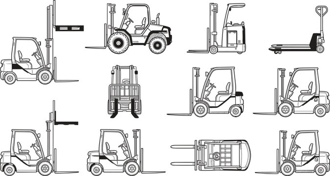 Forklift Icon Vector Illustration Featuring Pallet Truck, Operator Cabin, Open Frame, Side View, Front, Top Perspective