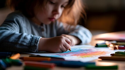 Fototapeta premium A young child is focused on coloring a vibrant artwork using crayons on a wooden surface under warm lighting