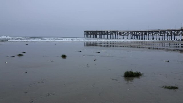 Pacific beach near Crystal pier on early gloomy summer morning under overcast sky with seaweeds scattered on sand by ocean waves, San Diego, Southern California
