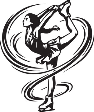 Dynamic black and white vector illustration of a female figure skater performing a graceful Biellmann spin isolated on white background