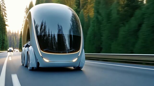 Futuristic autonomous vehicle on highway through forested landscape