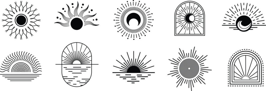 Minimal black sun and sunrise icon set in boho line art style. Celestial ray, arch, horizon, and moon symbols suit logo and tattoo design. Clean outline vector collection ideal for branding 