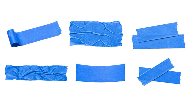Blue masking tape strips and roll on transparent background.