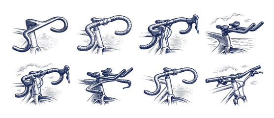 Fototapeta premium Bicycle handlebars set vintage engraving illustration of road bike drop bar, time trial aerobars, and mountain bike flat bar components on white background. Retro ink vector style sketch clip art set.