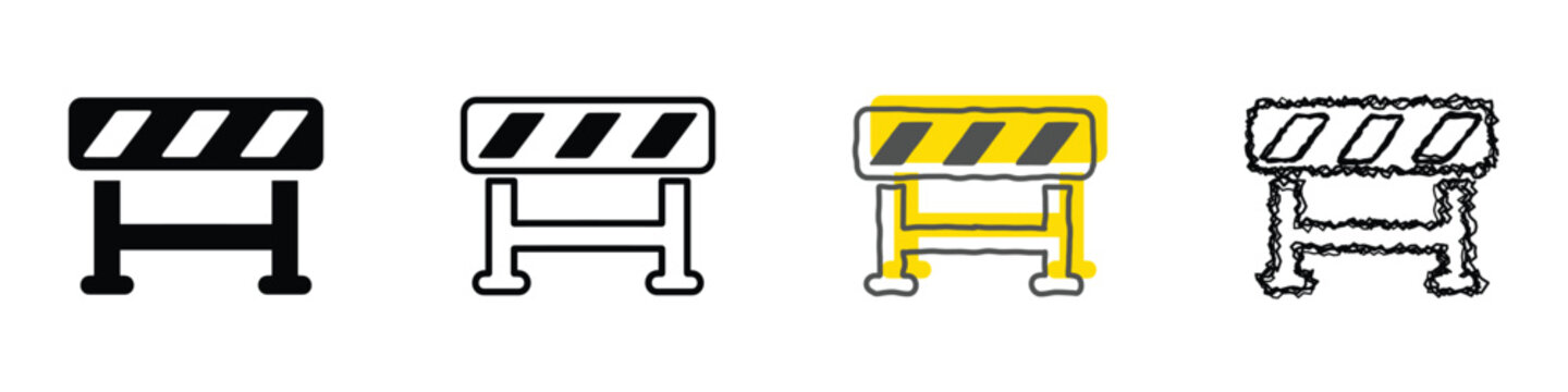 Collection of four distinct traffic barrier illustrations, including solid black, outline, sketch, and yellow-accented versions, representing temporary road closures