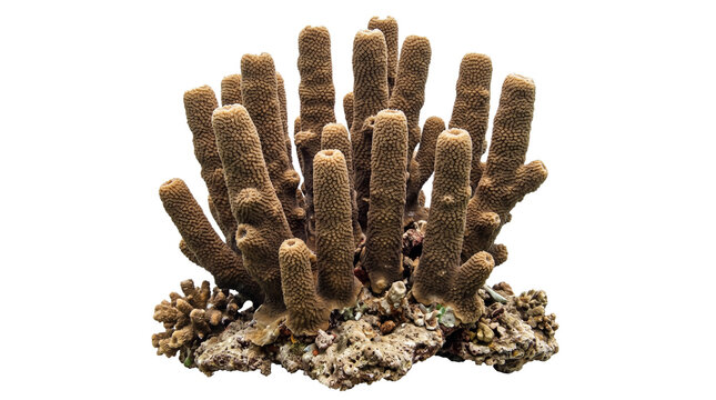Cluster of columnar beige pillar coral skeleton with textured surface cutout on a transparent background