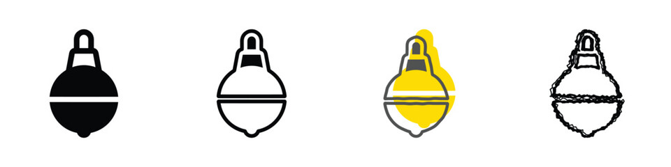 A set of four distinct fishing bobber icons, showcasing different artistic interpretations from solid black to sketched outlines © Vova7