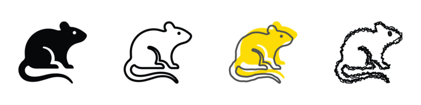 A set of four distinct mouse icons, showcasing different artistic styles from solid silhouette to sketchy outline