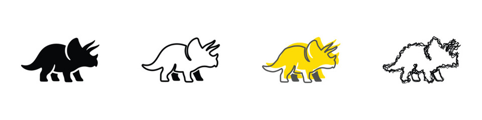 A set of four distinct graphic representations of a Triceratops dinosaur, showcasing different artistic interpretations and styles © Vova7