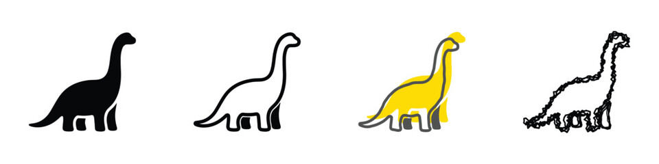 Four distinct graphic representations of a long-necked dinosaur, showcasing silhouette, outline, and sketch styles © Vova7
