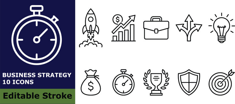 Business strategy and startup icon set, 10 vector outline pictograms of growth, success, finance, and management symbols for professional business design
