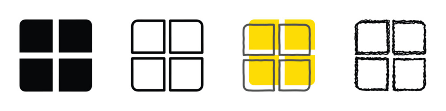 A collection of four distinct icon styles representing a four-square grid layout, useful for interface design and conceptual graphics