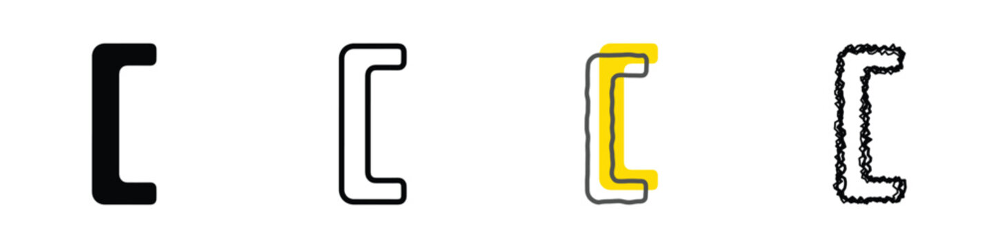 A collection of bracket symbols in various artistic renderings, including solid black, outline, highlighted, and textured versions