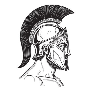 Spartan warrior head profile with crested Corinthian helmet and beard in black and white line art vector style
