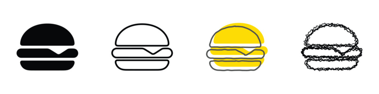 A set of four stylized hamburger icons showcasing different artistic interpretations, from solid black to outline and sketch forms
