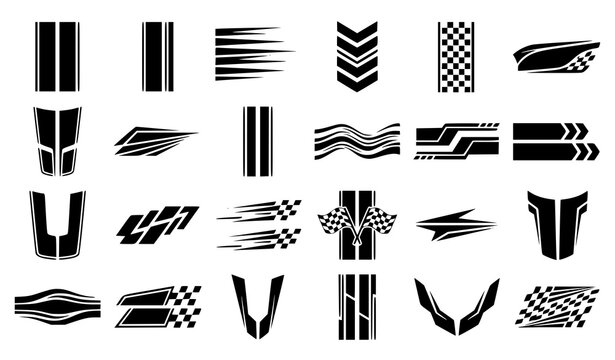Motorsport racing stripe vector collection with checkered flag speed lines performance decals and finish line graphics isolated on white background