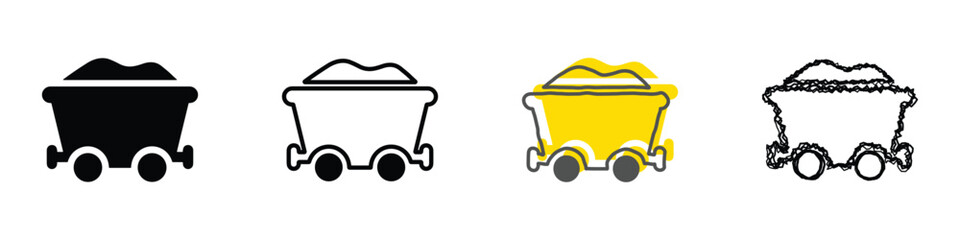 A set of four distinct icons depicting a mining cart filled with material, showcasing variations in design and color palettes © Vova7