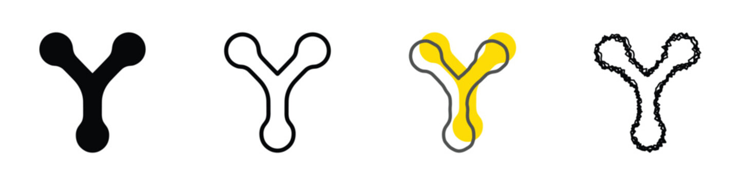A collection of four distinct graphical representations of a Y-shaped form, each with unique stylistic attributes and outlines