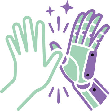 Human hand giving a high five to a robotic hand, conceptual vector icon of collaboration.