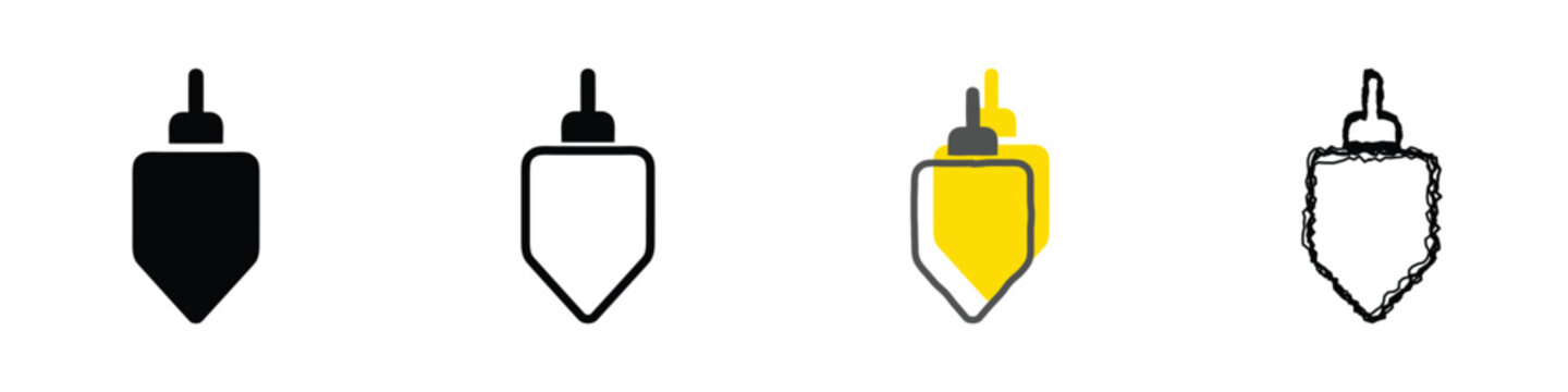 A collection of four distinct plumb bob icons, each rendered in a unique artistic style from solid black to outline and sketch