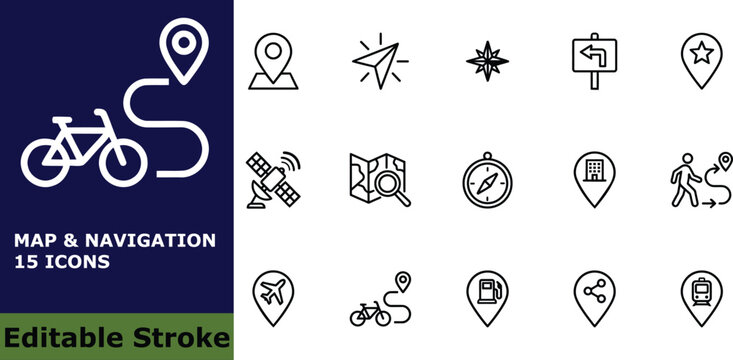 Map and navigation icon set, 15 vector outline pictograms of GPS location pins, travel routes, transport symbols, and adventure elements for mobile app and web design
