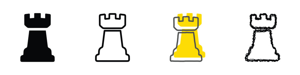 A set of four distinct chess rook icons, showcasing solid black, outline, yellow fill, and a textured sketch design © Vova7