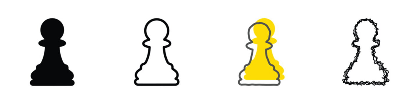 A collection of four chess pawn icons showcasing a solid black silhouette, a clean outline, a vibrant yellow filled shape with an outline, and a sketchy, hand-drawn effect