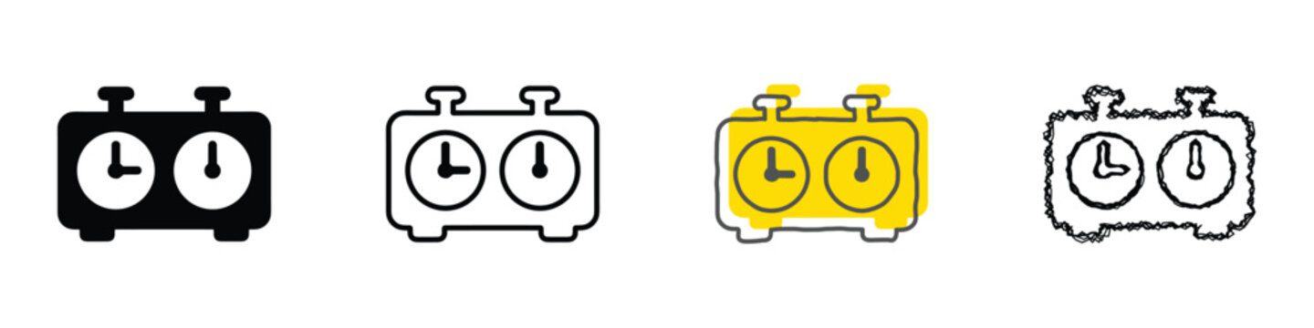 A classic analog chess clock is depicted in various artistic styles, highlighting its function in competitive games