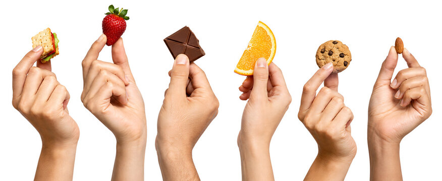People hands holding small snacks isolated on transparent background.