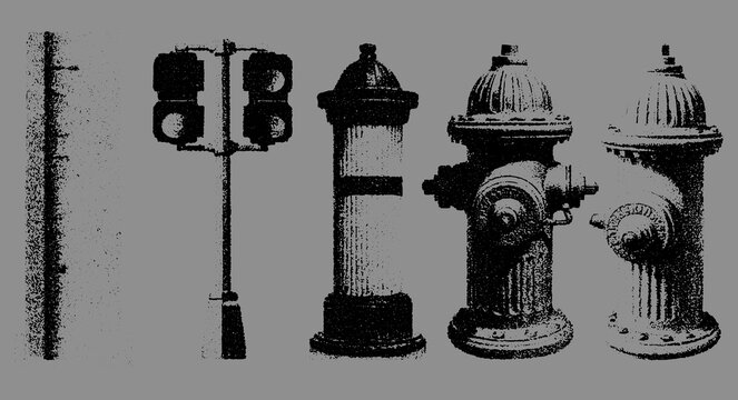 Traffic signal and fire hydrant set in a simple vector illustration. The design includes red and green lights, representing urban infrastructure.
