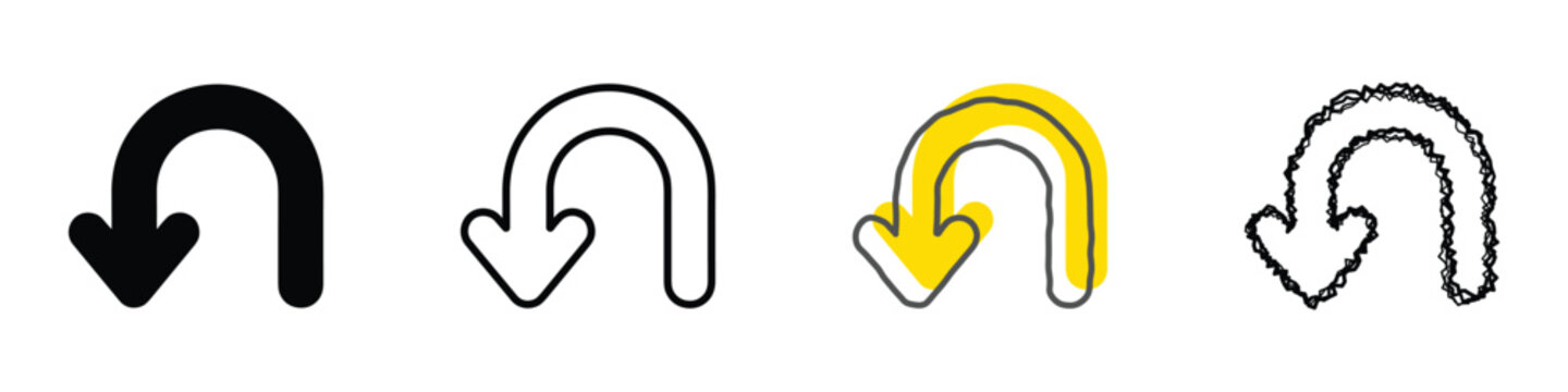 Collection of four distinct U-turn arrow symbols, showcasing variations in design from solid black to outlined and sketched aesthetics